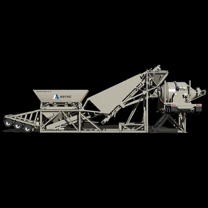 RexCon Mobile 12 SE-CM side operating view with aggregate section, batch belt, and central mixer