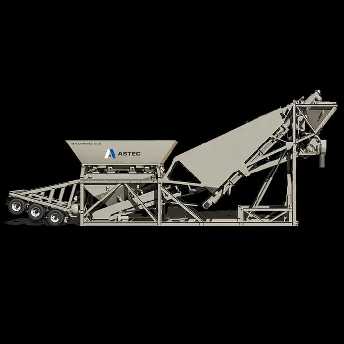 RexCon Mobile 12 SE-TM side view showing aggregate section and transit-mix configuration