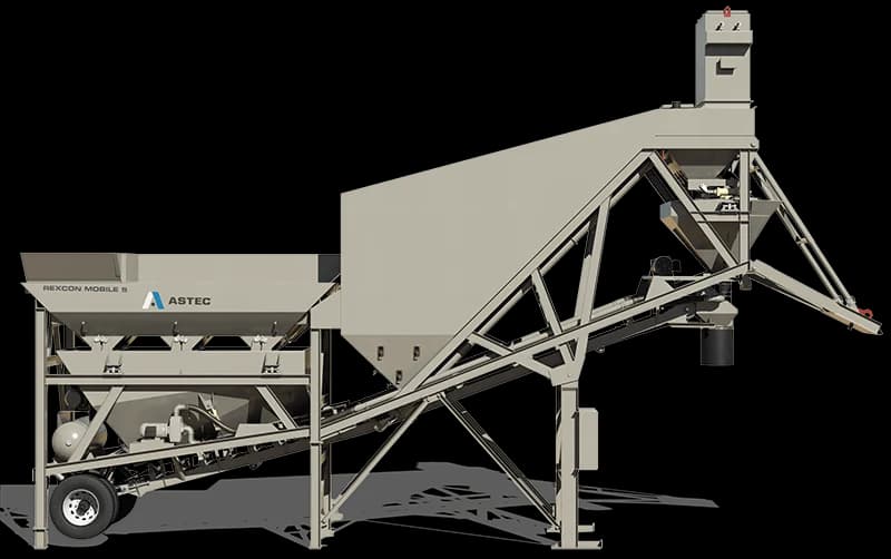 RexCon Mobile 5 side operating view showing aggregate bins, conveyor, cement section, and mixer position